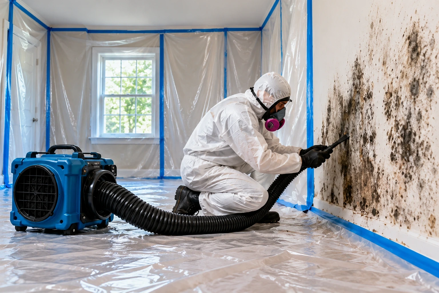 Technician in protective clothing cleaning a mold-affected wall inside a contained work area