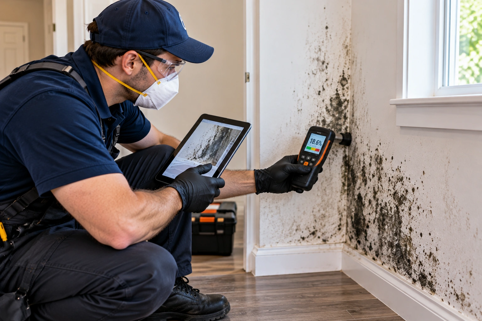 Professional assessing mold and moisture on an interior wall with a meter and tablet
