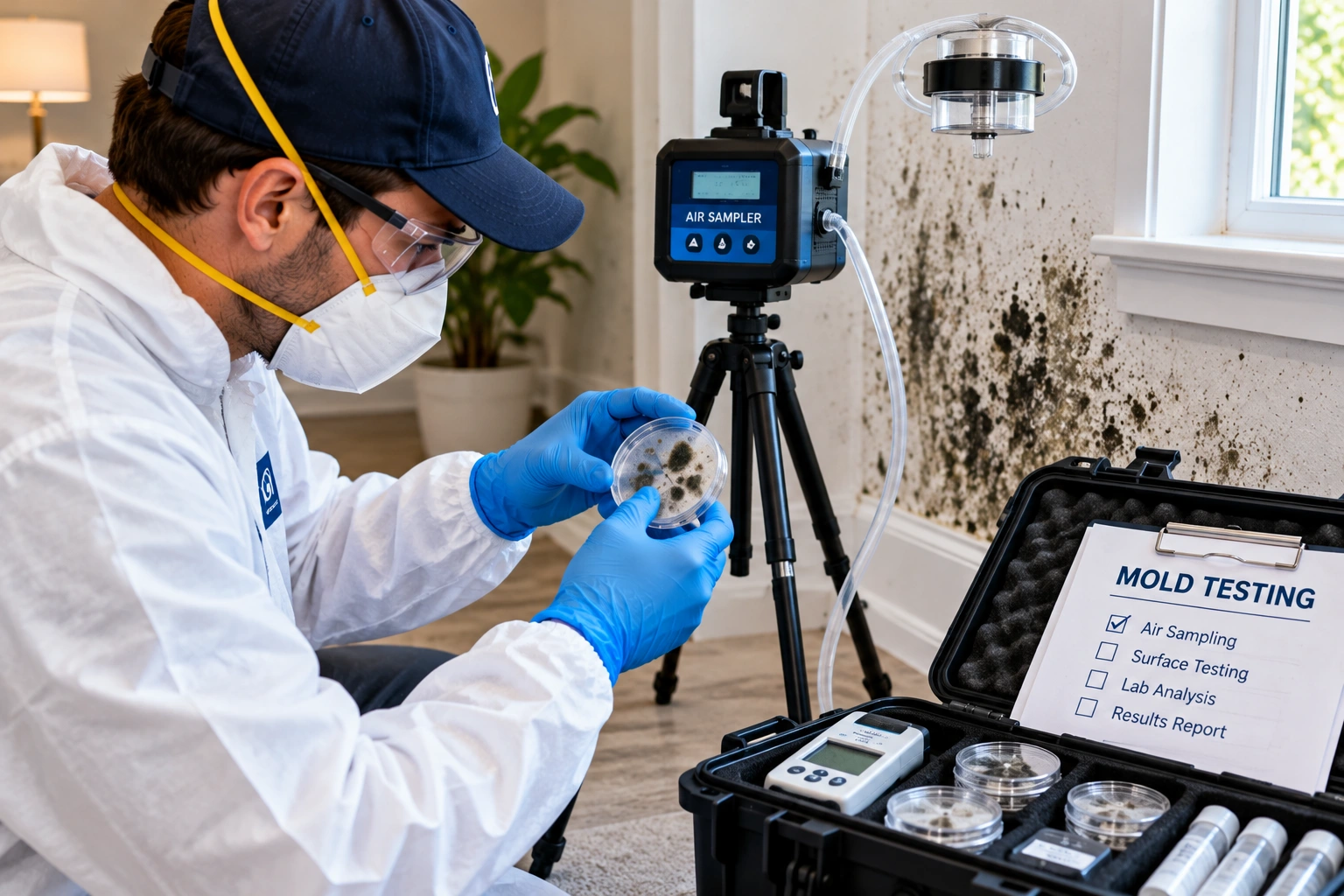 Technician examining a mold sample beside air sampling equipment