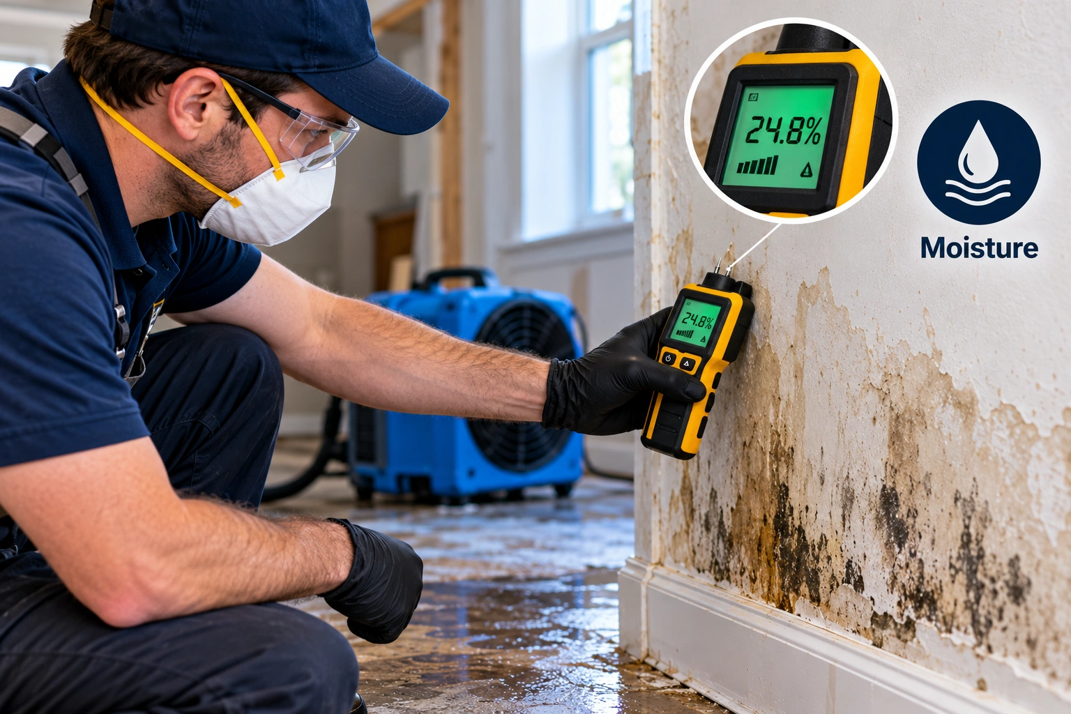 Moisture assessment and drying equipment set up in a property
