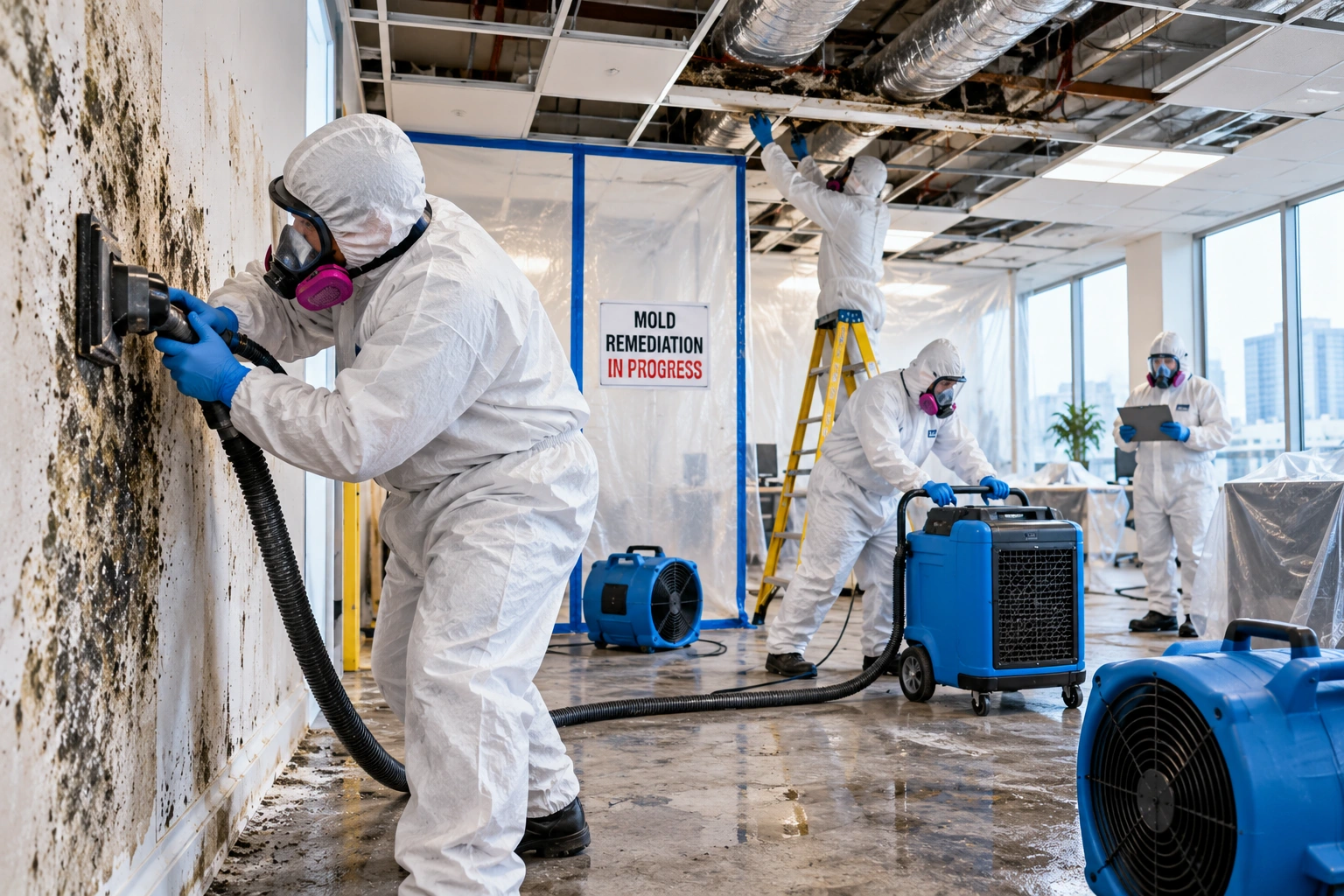 Mold remediation team with HEPA equipment in a commercial work area